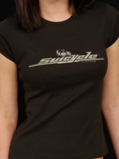 Suicycle One A black ladies' t-shirt with a metallic silver Suicycle logo on the front.